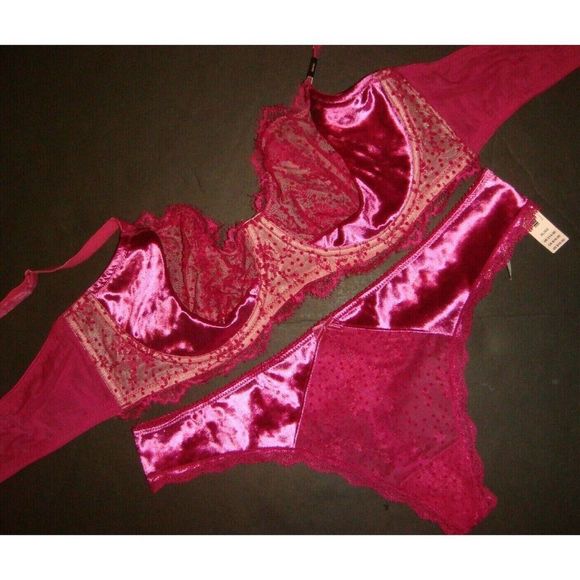 Victoria's Secret unlined 36C,36D BRA SET XL thong MAGENTA fuchsia pink velvet - Picture 1 of 3